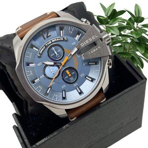 NWT DIESEL Men's Mega Chief Chronograph Brown Leather Watch DZ4458